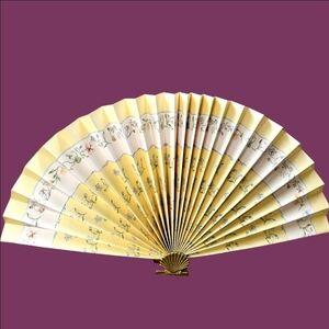 Vintage Large Hand-held Folding Floral Fan with Bronze Stand